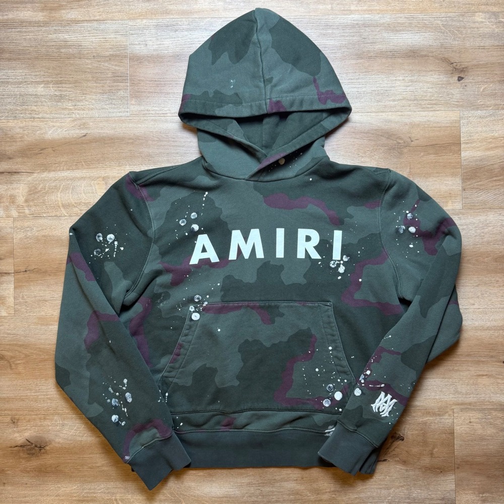 Amiri Hoodie Mens Small Green Camo Paint Splatter Logo Pullover Sweatshirt Army